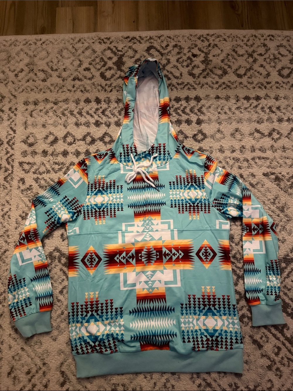 Turquoise Aztec-Print Pullover Hoodie